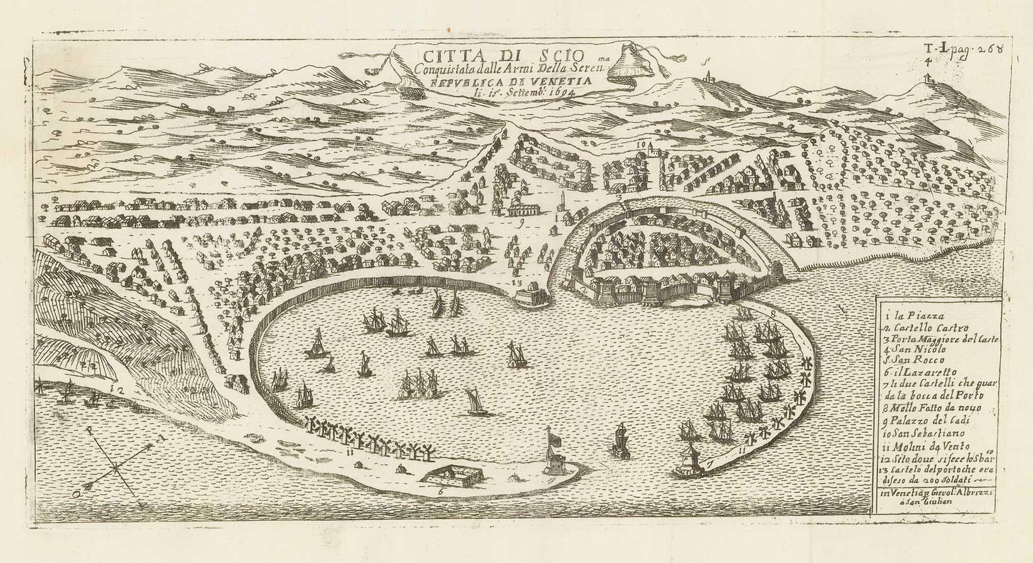 Copper Engraving, "Citta Di Scio ma Conquistata dalle Armi Della Seren: Republica Venetia li. 15. Settembr. 1694"