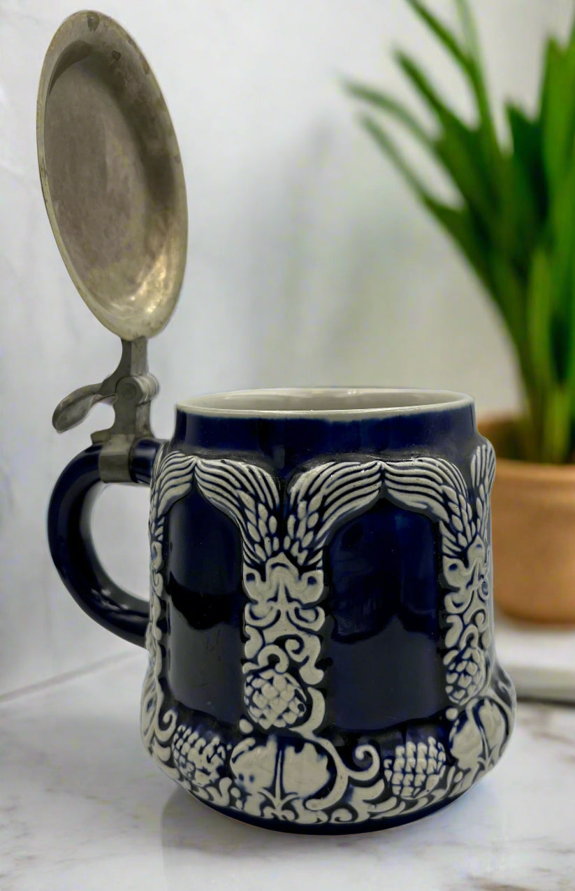 Antique German Beer Stein – Blue Glazed Stoneware with Pewter Lid