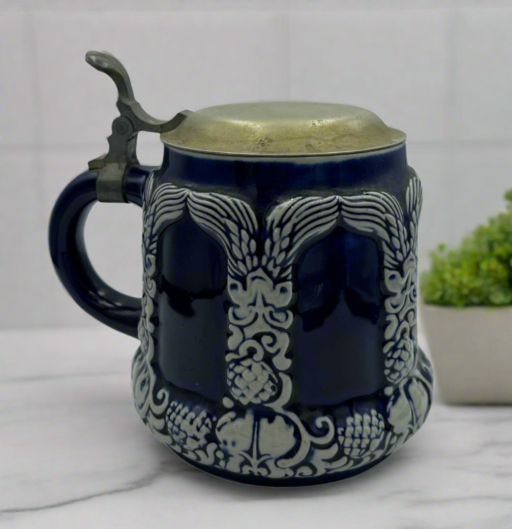 Antique German Beer Stein – Blue Glazed Stoneware with Pewter Lid