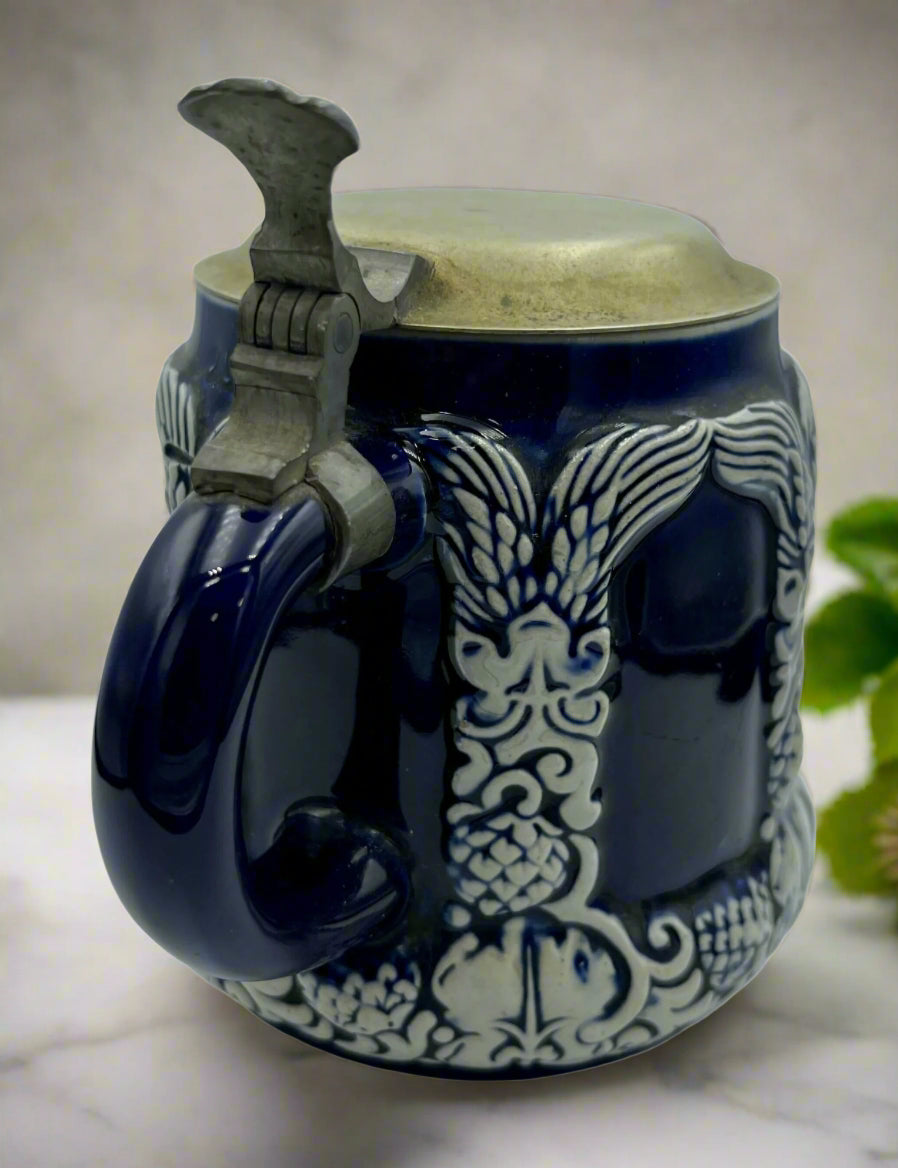 Antique German Beer Stein – Blue Glazed Stoneware with Pewter Lid