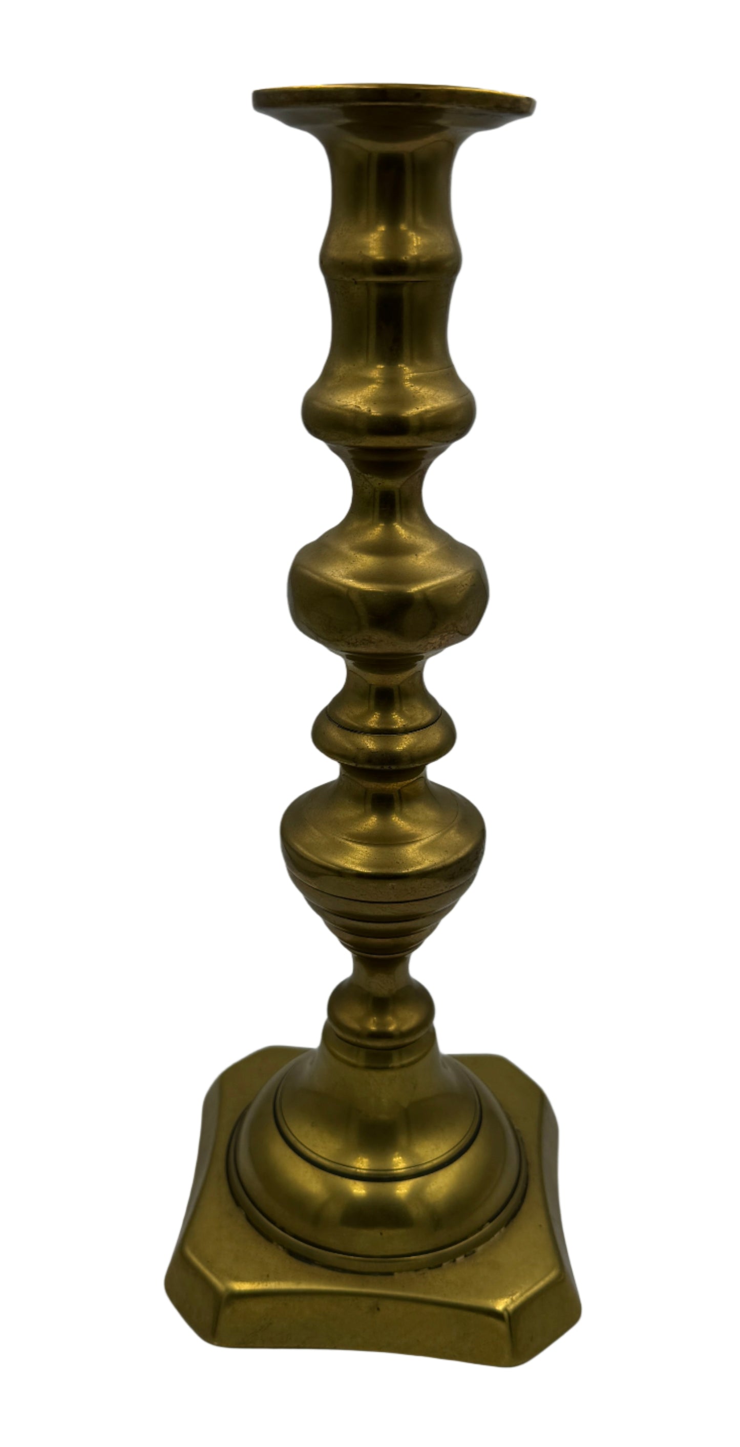Antique 19th Century Large Brass Candlestick with Baluster Column and Square Base