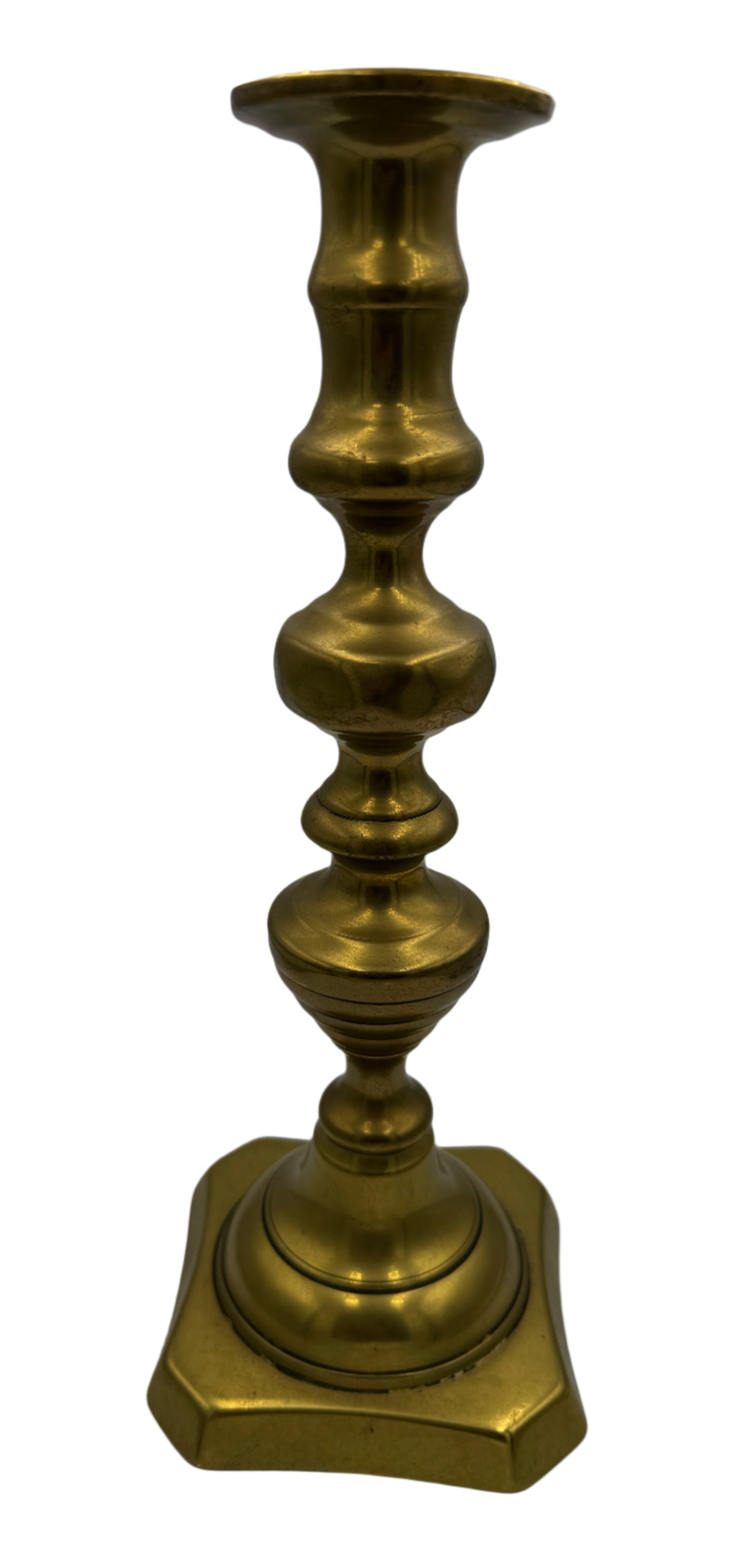 Antique 19th Century Large Brass Candlestick with Baluster Column and Square Base