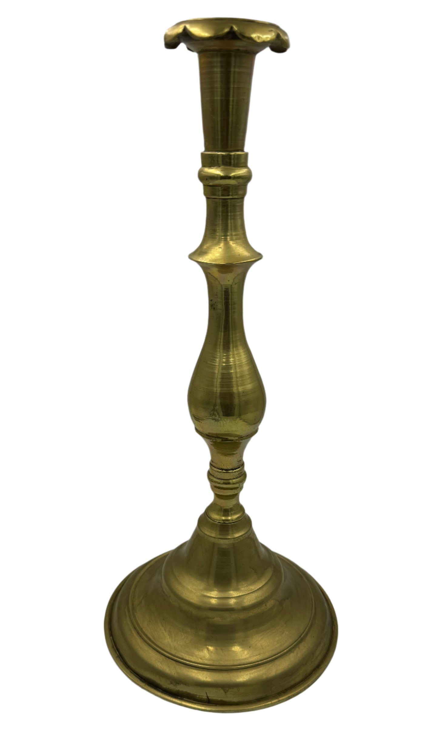 Antique 19th Century Brass Candlestick – Scalloped Rim & Baluster Stem