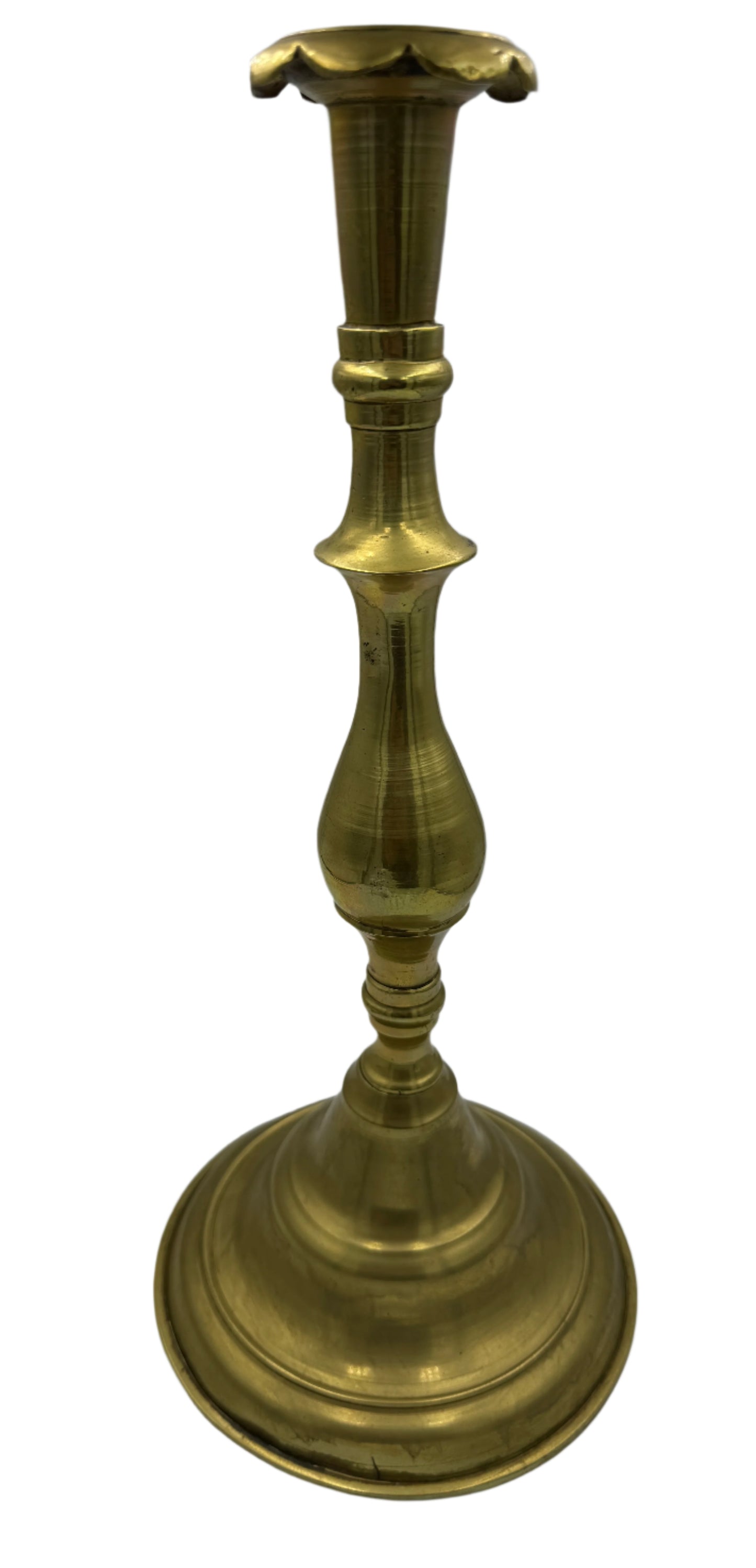 Antique 19th Century Brass Candlestick – Scalloped Rim & Baluster Stem