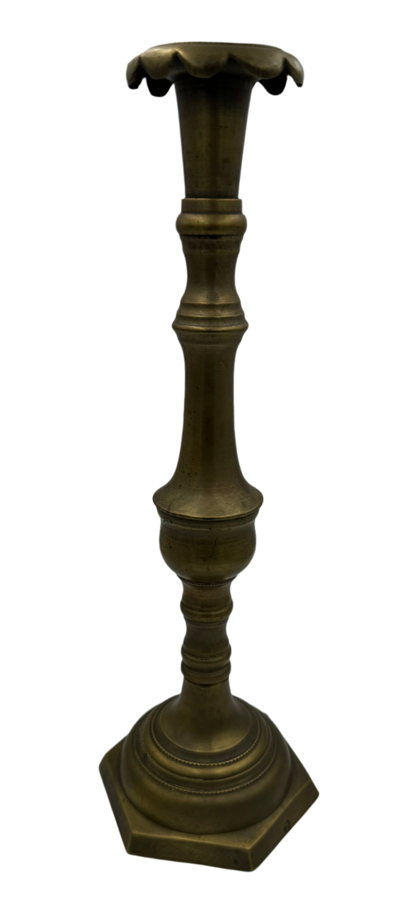 Antique 18th Century French Brass Candlestick with Scalloped Drip Pan