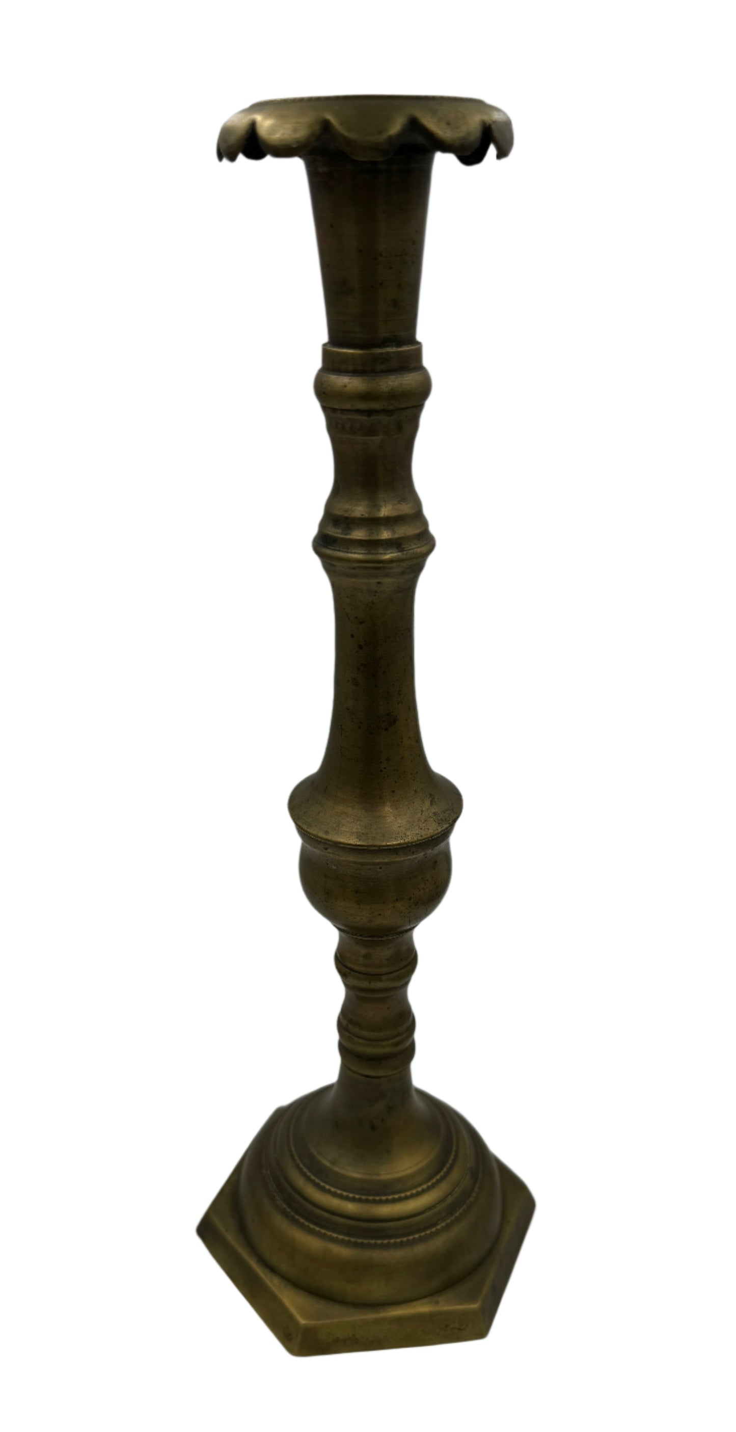 Antique 18th Century French Brass Candlestick with Scalloped Drip Pan