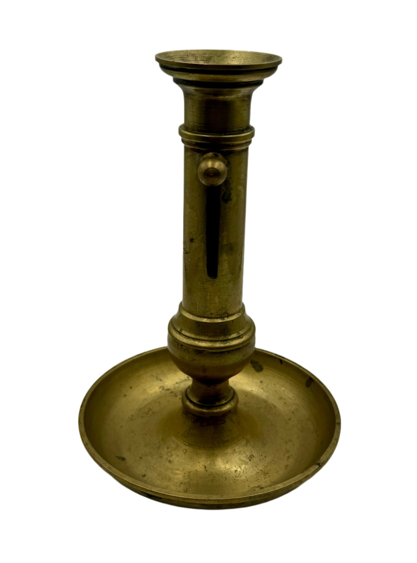 Antique 19th Century Brass Push-Up Candlestick with Wide Drip Tray