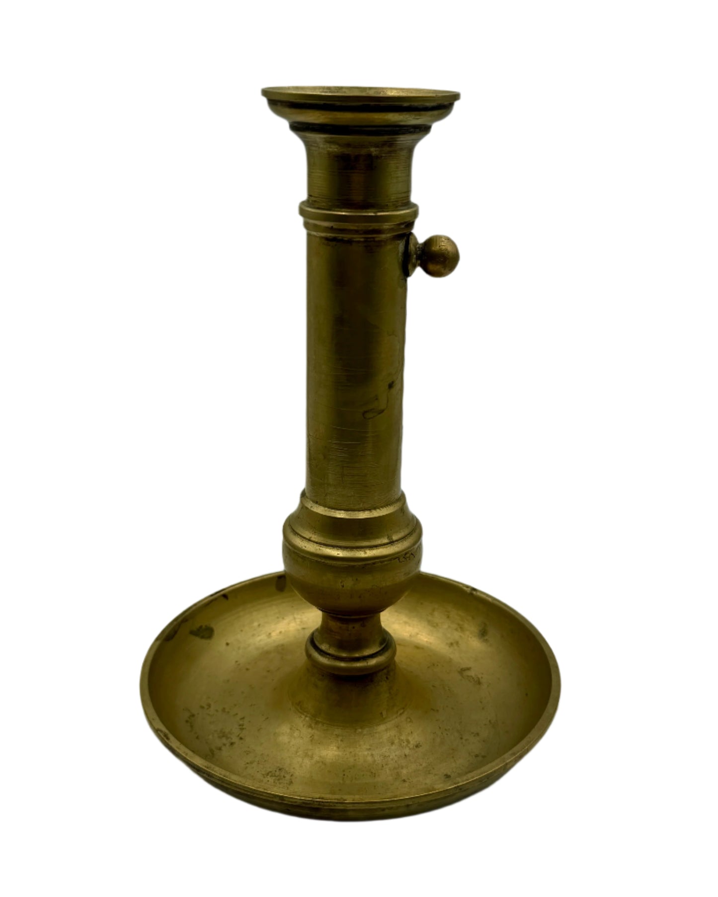 Antique 19th Century Brass Push-Up Candlestick with Wide Drip Tray