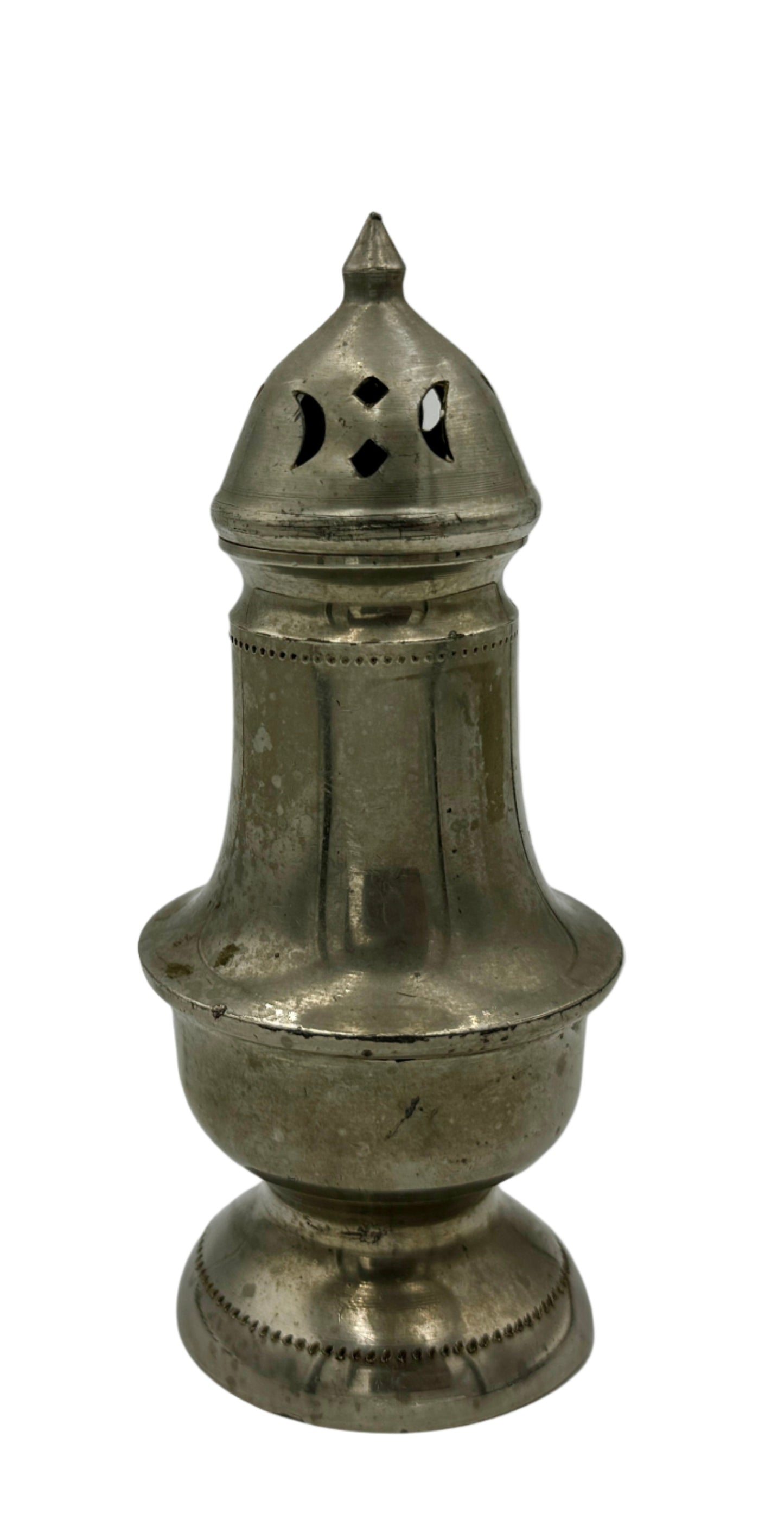 Antique Pewter Salt & Pepper Shaker – Pierced Dome with Crescent & Diamond Cutouts, 19th Century