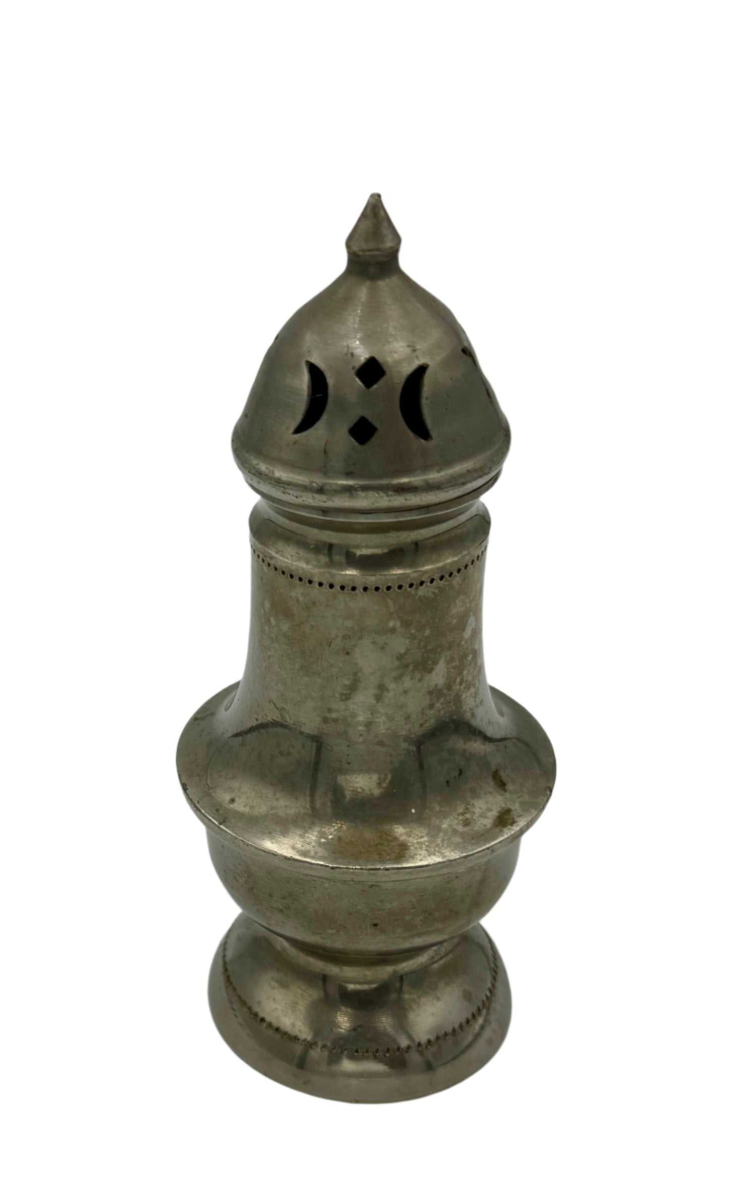 Antique Pewter Salt & Pepper Shaker – Pierced Dome with Crescent & Diamond Cutouts, 19th Century
