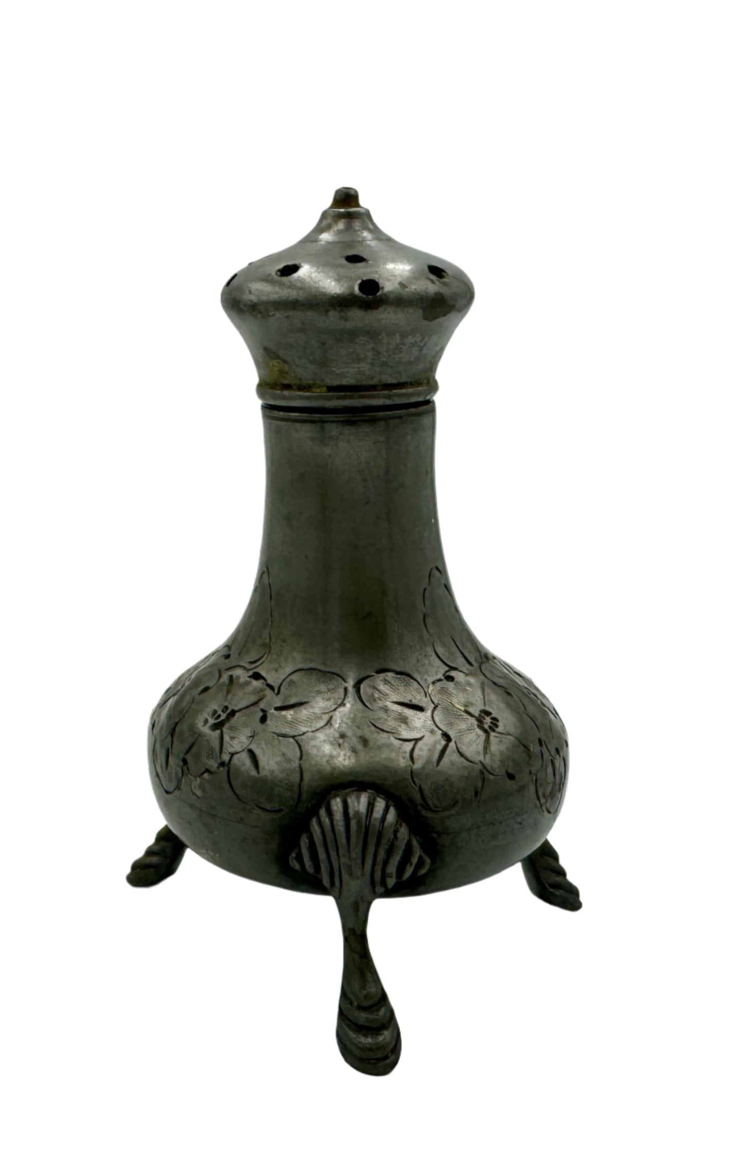 Antique Pewter Salt & Pepper Shaker – Floral Engraved Tripod Footed, 19th Century