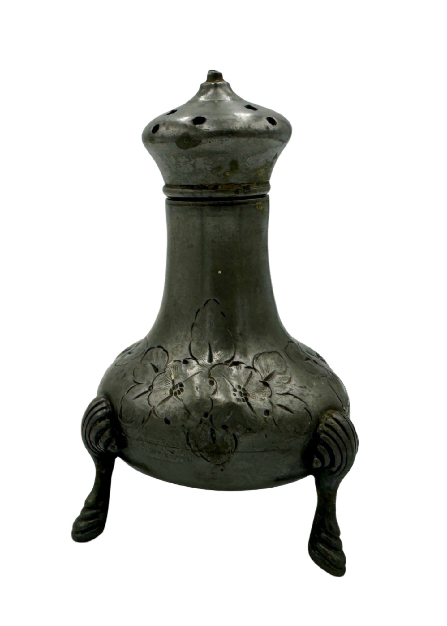 Antique Pewter Salt & Pepper Shaker – Floral Engraved Tripod Footed, 19th Century