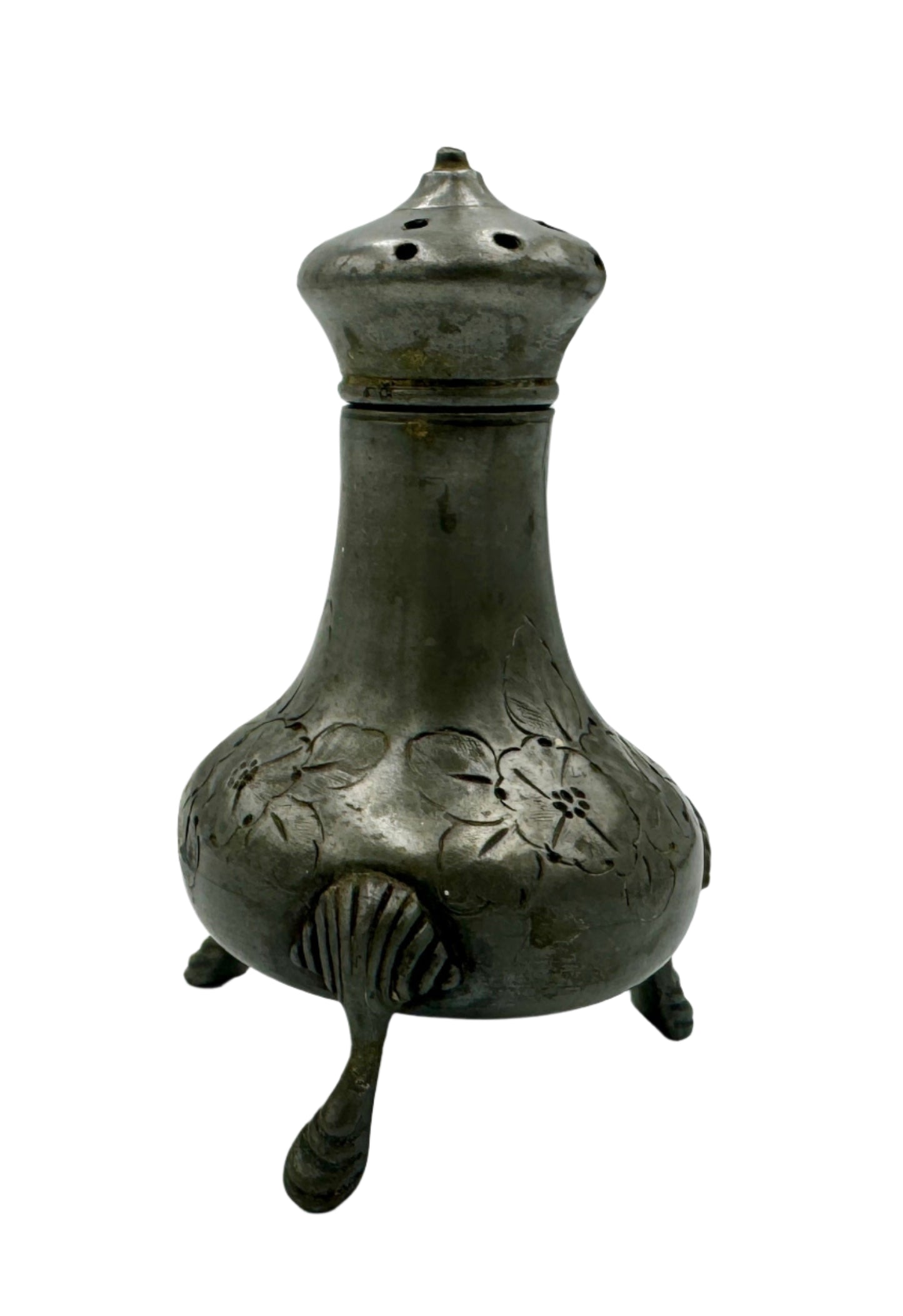 Antique Pewter Salt & Pepper Shaker – Floral Engraved Tripod Footed, 19th Century