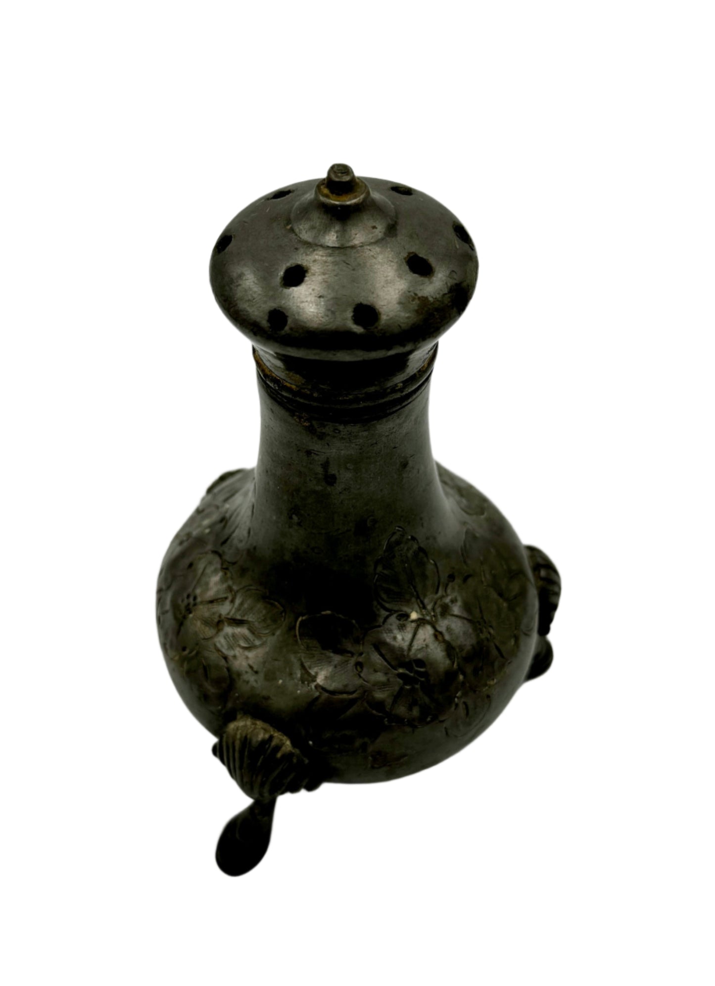 Antique Pewter Salt & Pepper Shaker – Floral Engraved Tripod Footed, 19th Century