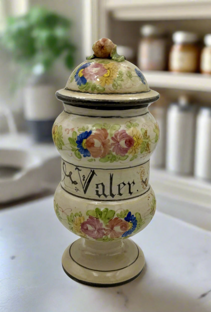Antique Italian C.B.B. Bassano Apothecary Jar – Hand-Painted Ceramic with Floral Motifs