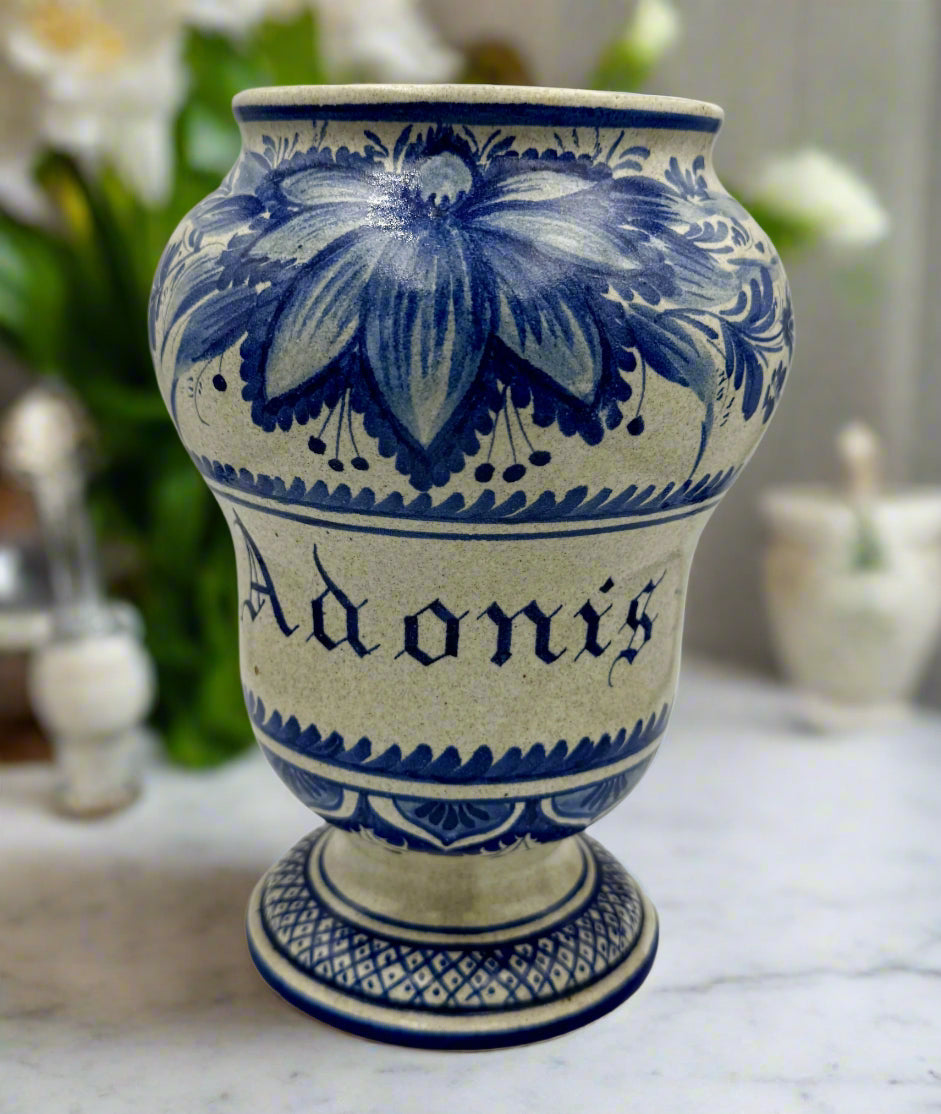Antique European Apothecary Jar – "Adonis" (18th-19th Century, Likely Westerwald or French Faience)