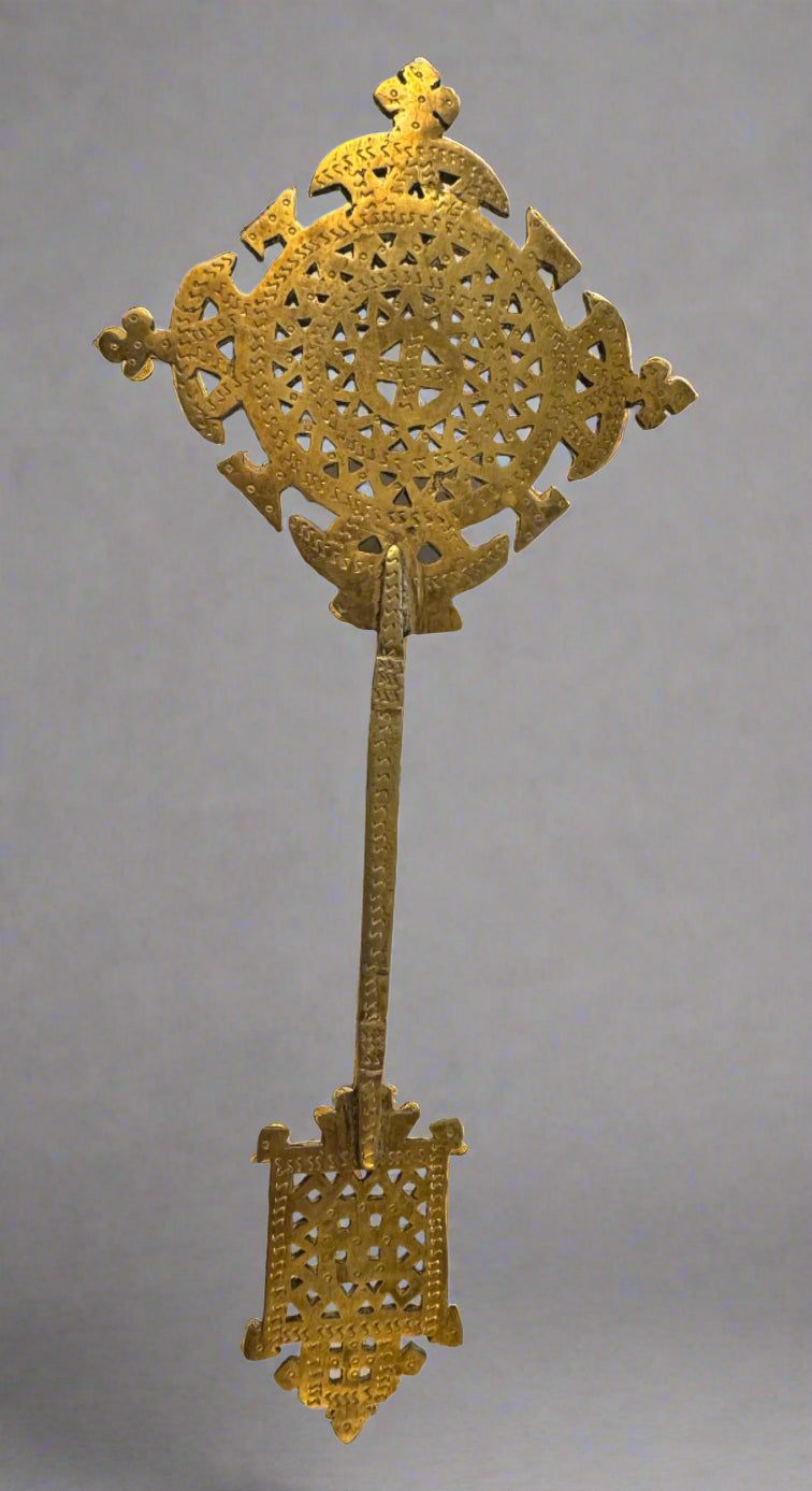 Antique Ethiopian Coptic Processional Cross – 19th/Early 20th Century Handcrafted Brass Artifact