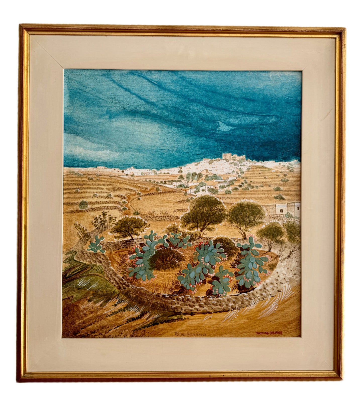"Patmos, South View" – Original Oil Painting by Zoi Skiadaresi (1934) | Rare Collectible