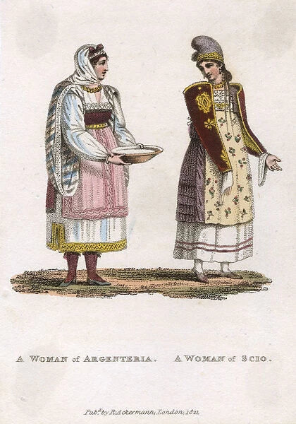Original 1821 Hand-Colored Aquatint - "A Woman of Argenteria & A Woman of Scio" - Published by Rudolph Ackermann