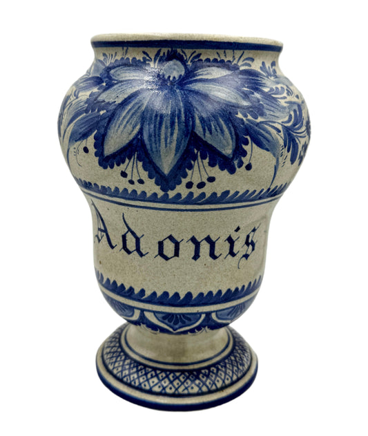 Antique European Apothecary Jar – "Adonis" (18th-19th Century, Likely Westerwald or French Faience)