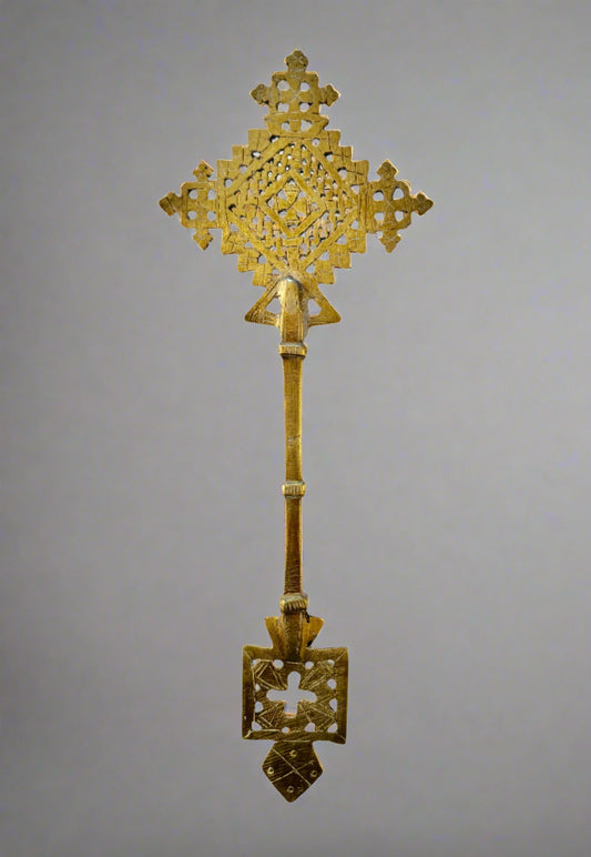 Antique Ethiopian Handcrafted Coptic Cross Processional Staff – Late 19th to Mid-20th Century