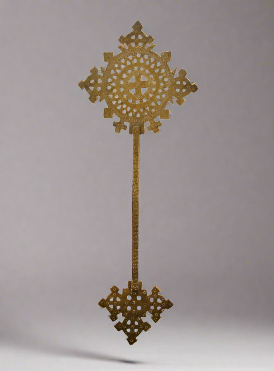 Antique Ethiopian Orthodox Processional Cross – Handcrafted Brass Religious Artifact (Early 20th Century or Earlier)