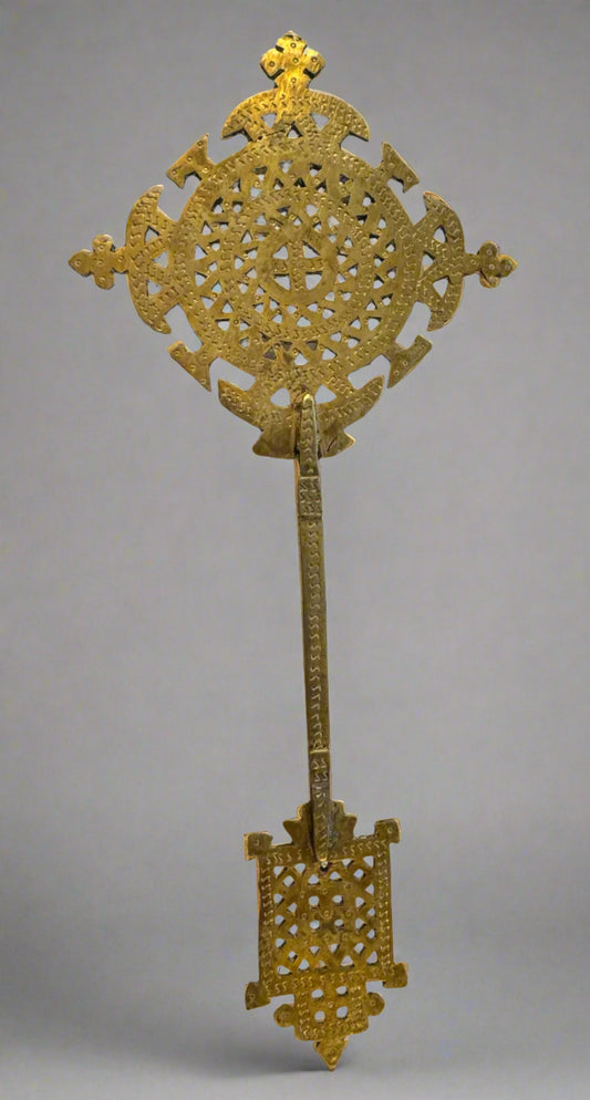 Antique Ethiopian Coptic Processional Cross – 19th/Early 20th Century Handcrafted Brass Artifact