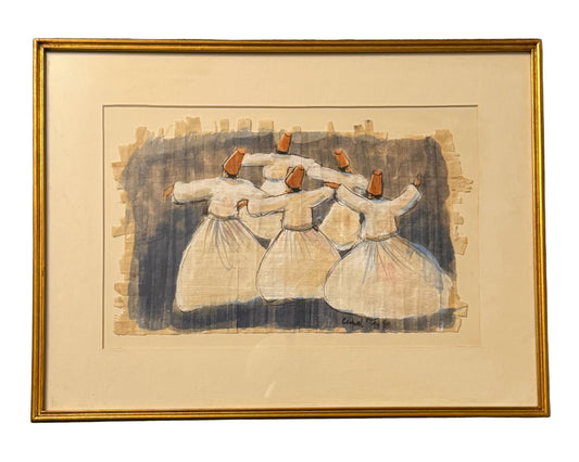 Whirling Dervishes Sufi Dance Artwork  – Ink and Gouache on Treated Linen Textile – Signed Original
