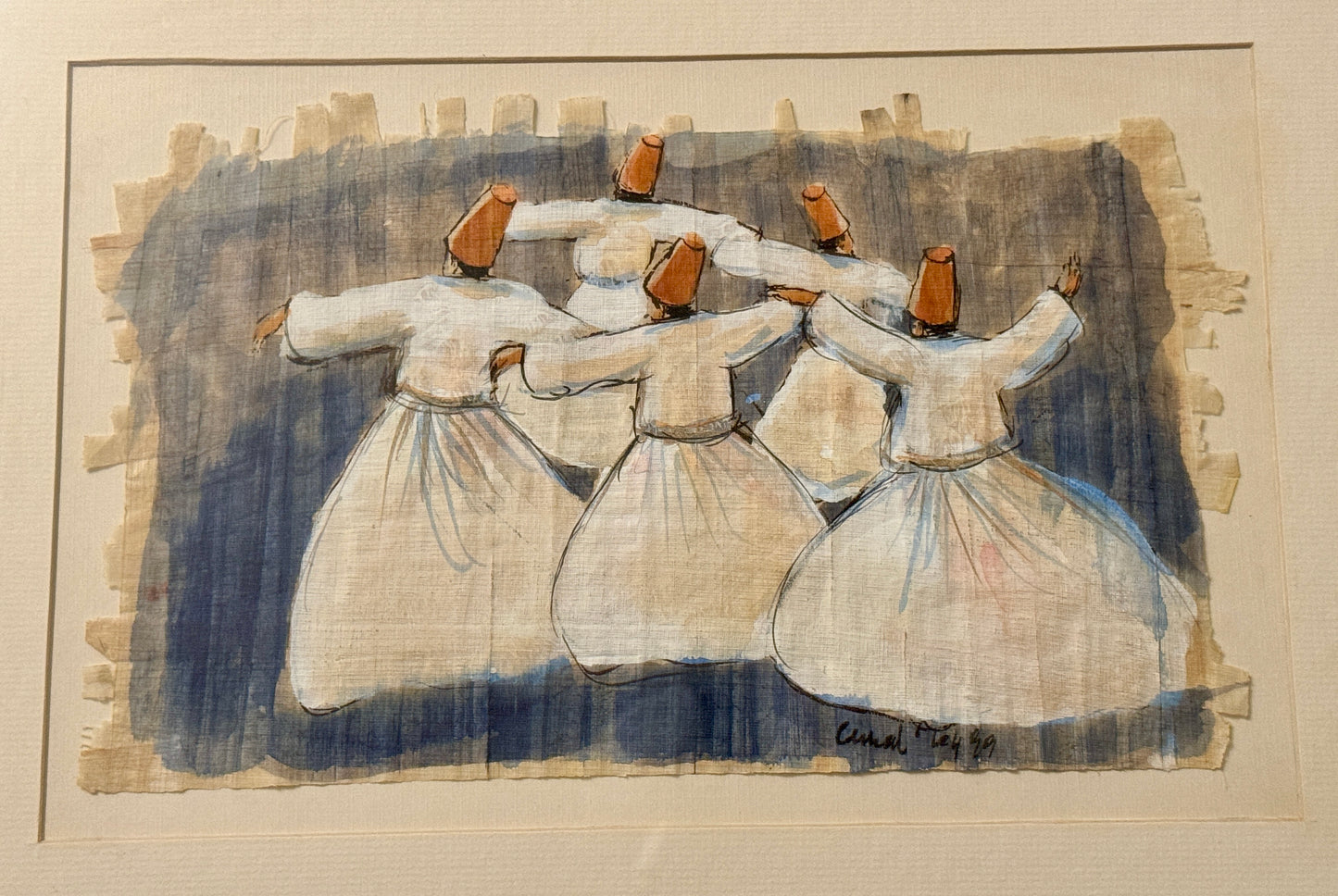 Whirling Dervishes Sufi Dance Artwork  – Ink and Gouache on Treated Linen Textile – Signed Original