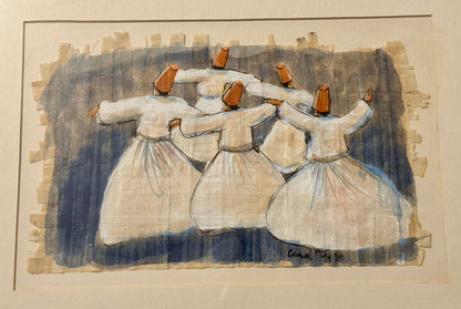 Whirling Dervishes Sufi Dance Artwork  – Ink and Gouache on Treated Linen Textile – Signed Original