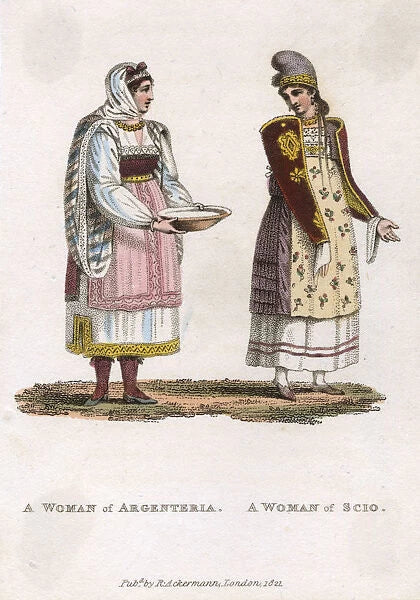 A WOMAN of ARGENTERIA. A WOMAN of SCIO, coloured aquatint, 1821
